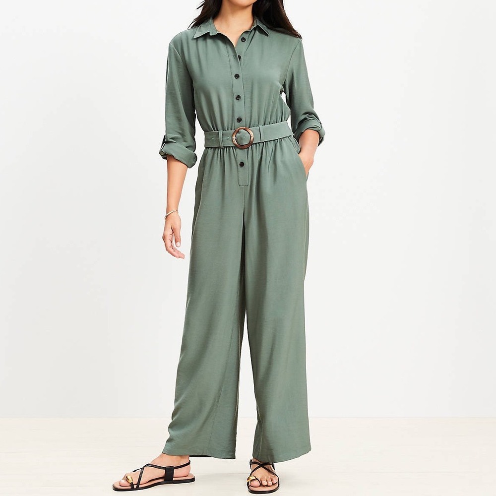 LOFT Sage Green Wide Leg Belted Collared Utility Jumpsuit Wide Leg Size 12 NWT